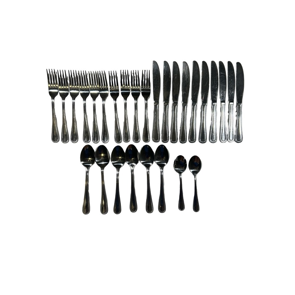 Pfaltzgraff 18/0 Stainless Flatware Set 28pc Beaded Pattern Knives Forks Spoons